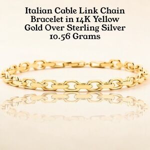 Italian Cable Link Chain Bracelet 14K Yellow Gold Over Sterling Silver 10.56 GMs